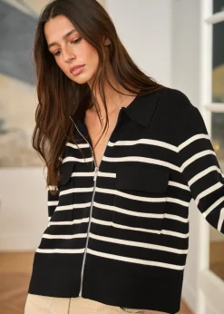 Motus Boutique Mailles^Gilet Gaetane RayéNoirEcru-GiletGaetane