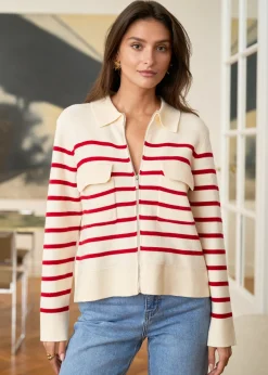 Motus Boutique Mailles^Gilet Gaetane RayéEcruRouge-GiletGaetane