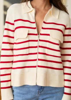 Motus Boutique Mailles^Gilet Gaetane RayéEcruRouge-GiletGaetane