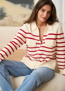 Motus Boutique Mailles^Gilet Gaetane RayéEcruRouge-GiletGaetane
