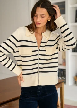 Motus Boutique Mailles^Gilet Gaetane RayéEcruNoir-GiletGaetane